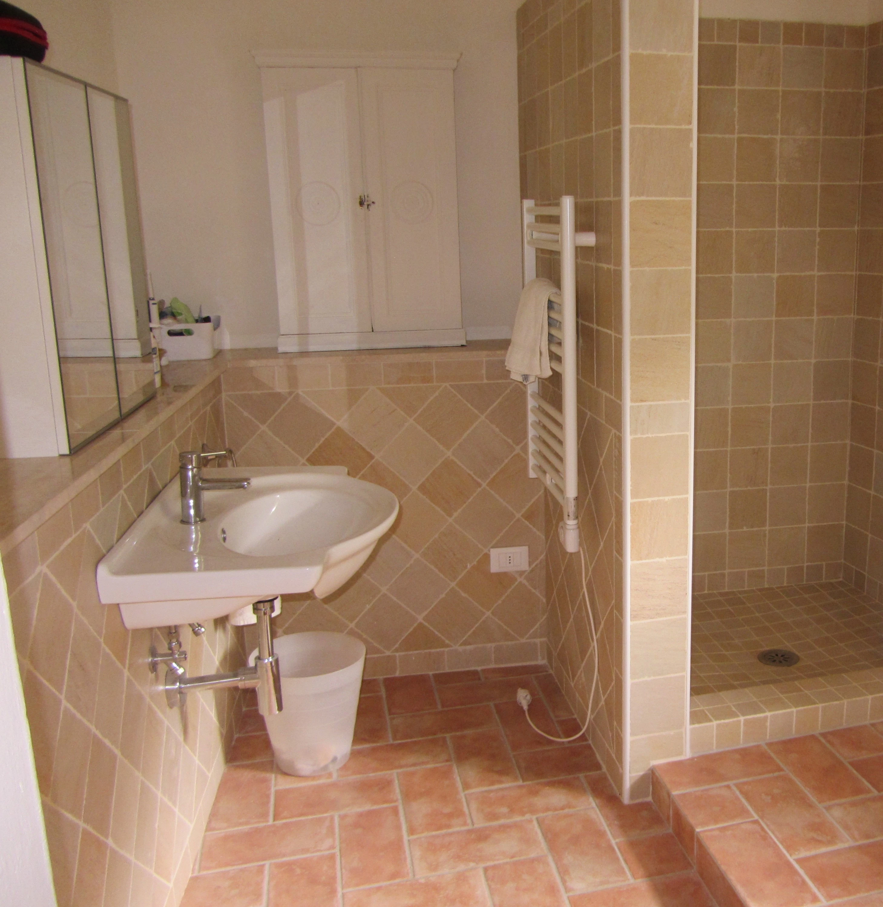 En-suite bathroom with walk-in shower and terracotta floor tiles