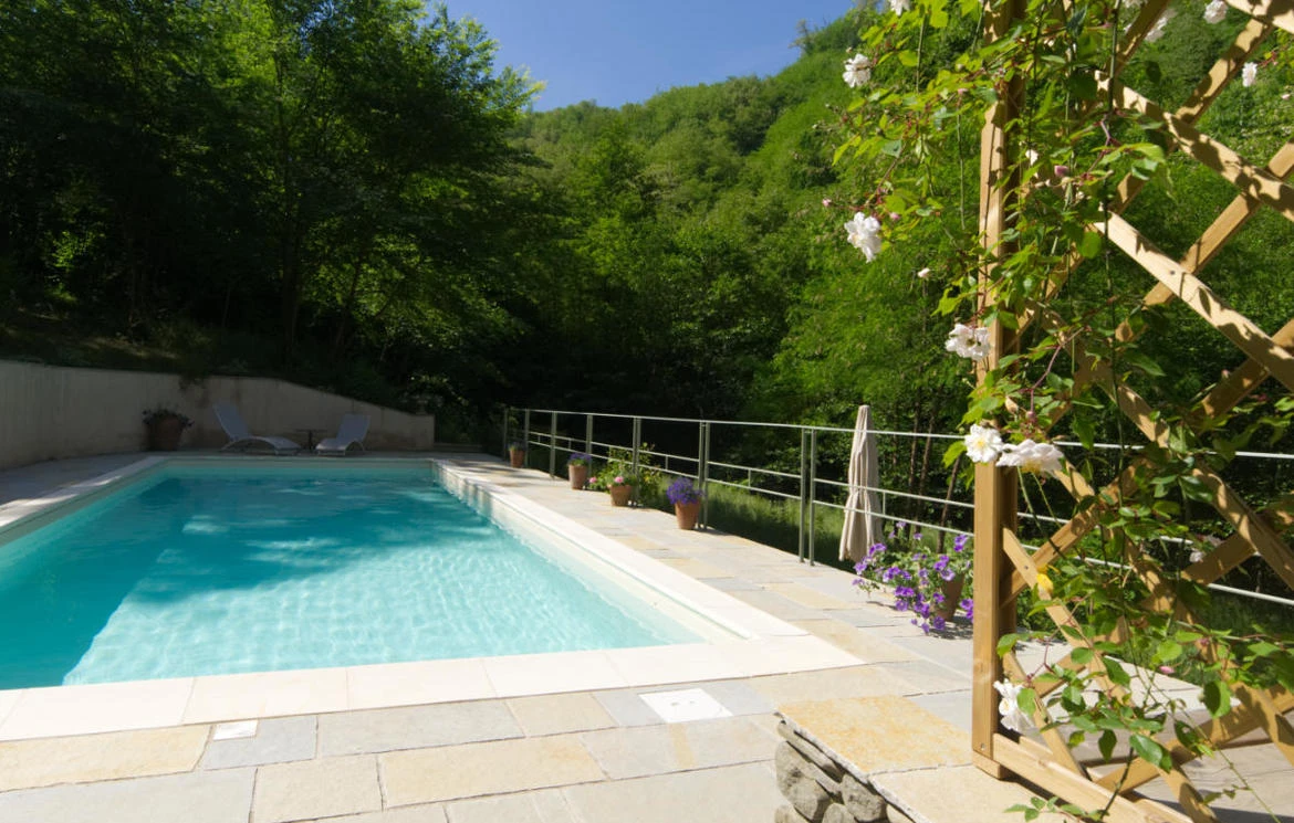 Private pool terrace in early morning light with forested hills beyond