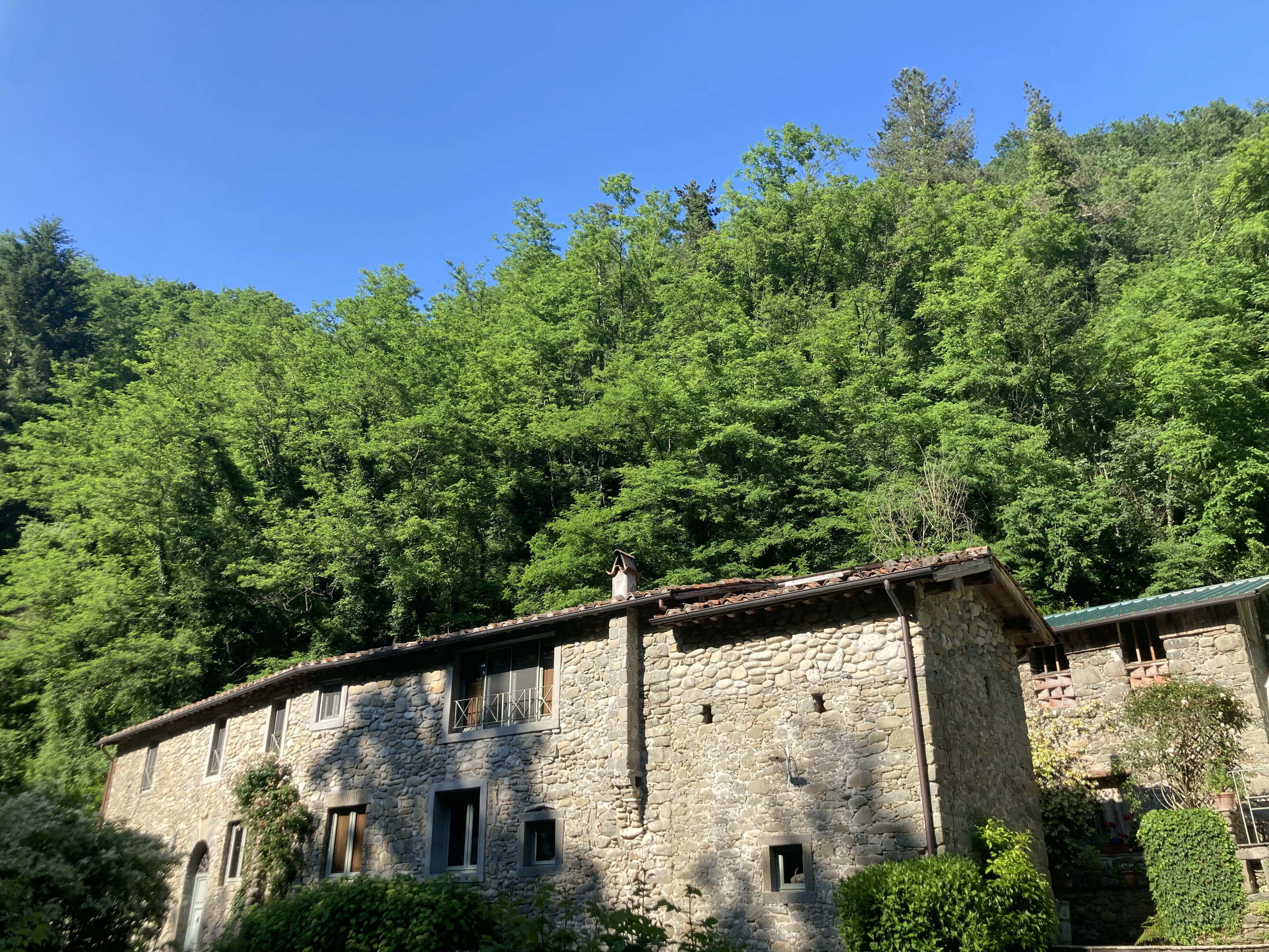 Long stone facade of Mulino with flowering shrubs and dense woodland